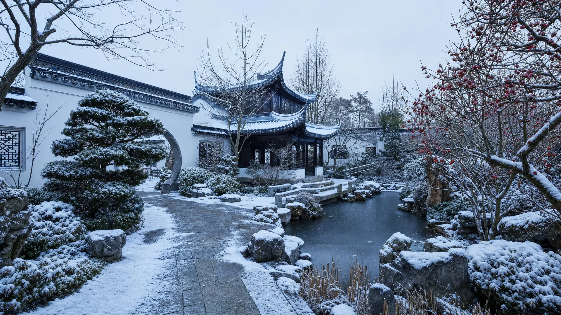 庭院景观冬景:薄雪覆枝、清寂宁静的中式庭院